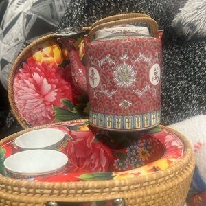 Antique Red Floral ceramic Chinese medallion Teapot Set with Cups. Make an offer